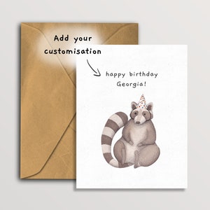 Cartão de aniversário personalizado de guaxinim sentado bonito, cartão de cumprimentos de guaxinim personalizado adorável, cartão de aniversário de animal de zoológico