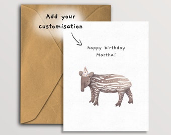 Personalized Tapir Birthday Card, Watercolor Animal Greetings