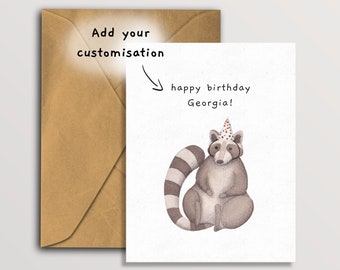 Biglietto di auguri di compleanno personalizzato con procione: animale dello zoo ad acquerello