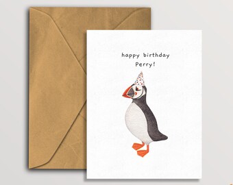 Watercolor Puffin Birthday Card: Personalised British Bird Greetings