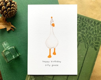 Silly Goose Birthday Card, Untitled Goose Game Greetings Card, Blank Inside Cute Animal Card, Goose With Party Hat Novelty Animal Card