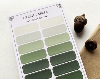 Green Shades Peelable Small Sticky Labels, Nature Aesthetic Green Basic Labels for Book Annotation & Journaling, Small Bookish Academia Gift