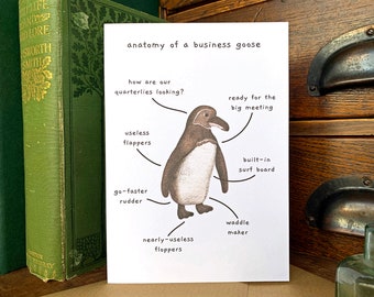 Anatomy of a Business Goose, Penguin Lovers Greetings Card, Animal Lovers Natural Science Themed Blank Card, Dry Humour Sarcastic Card