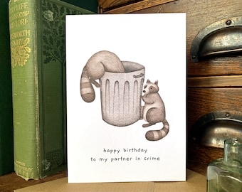Raccoon Partner in Crime Birthday Card, Watercolor Illustration