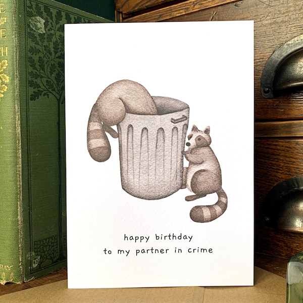 Partner in Crime Best Friend’s/Couple’s Greetings Card, Cute Raccoon Birthday Card, Blank Inside Cute Animal Card, Cheeky Raccoon Card