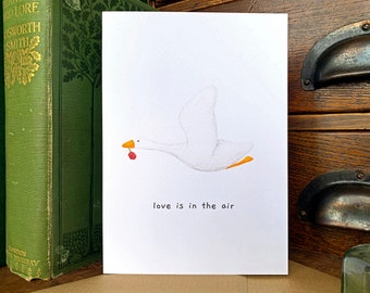 Silly Goose Love Card: Watercolor Flying Goose with Rose
