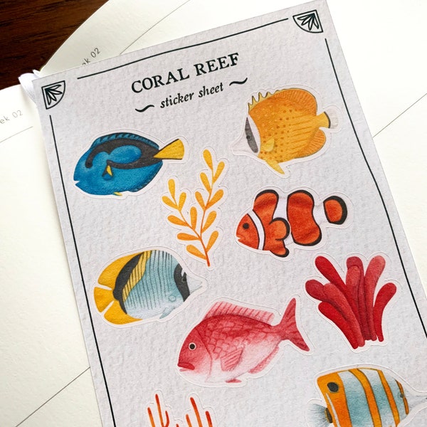 Coral Reef Colourful Journal Sticker Sheet, Tropical Fish Paper Planner Sticker, Ocean Animal Scuba Diving Sticker, Summer Theme Sticker Set