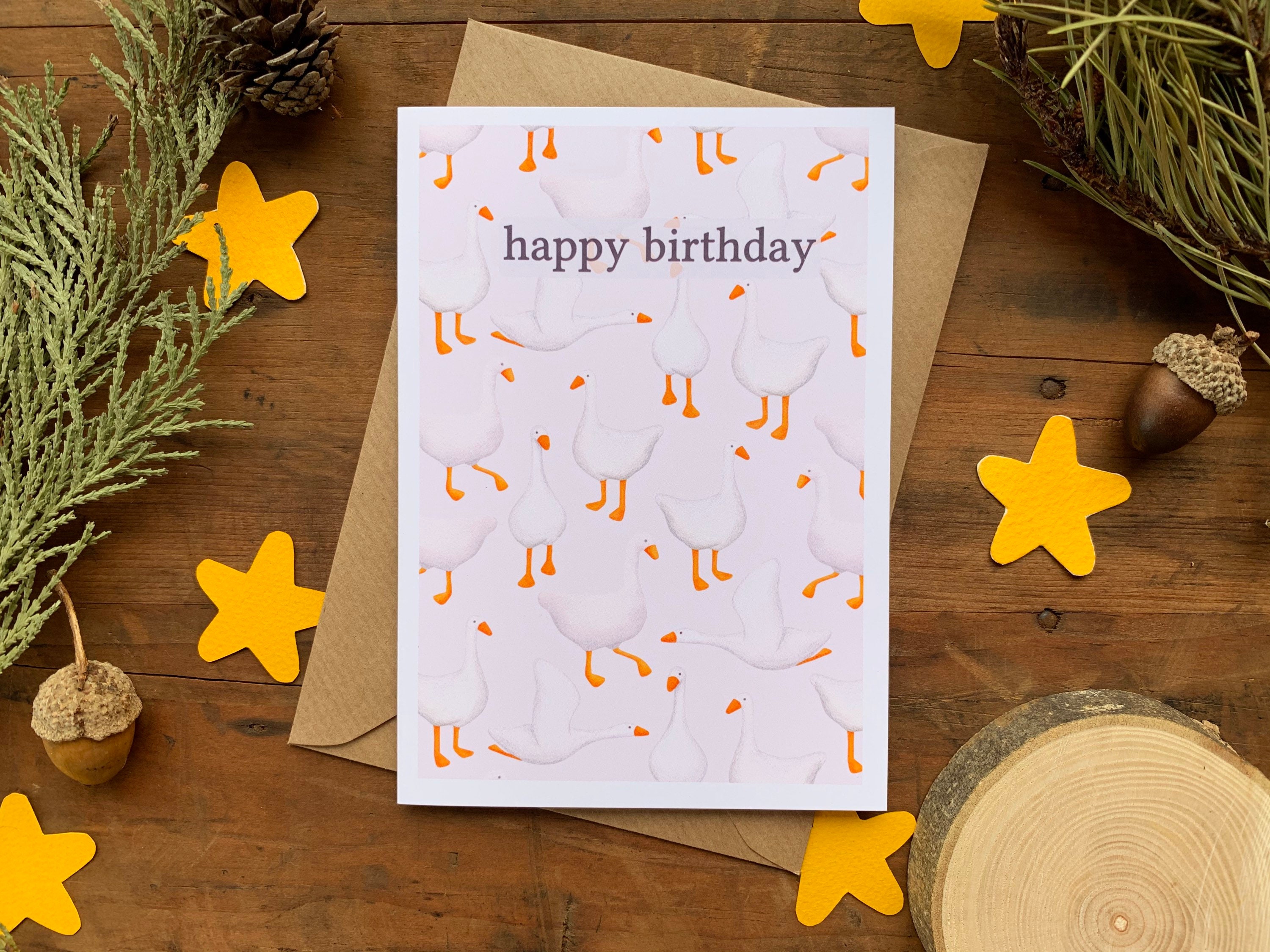 Goose Happy Birthday Card, Goose Pattern Greetings Card, Blank Untitled