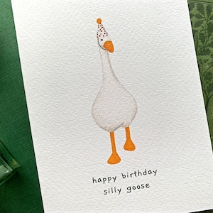May include: A white goose wearing a colorful party hat with the text "happy birthday silly goose" on a white card.