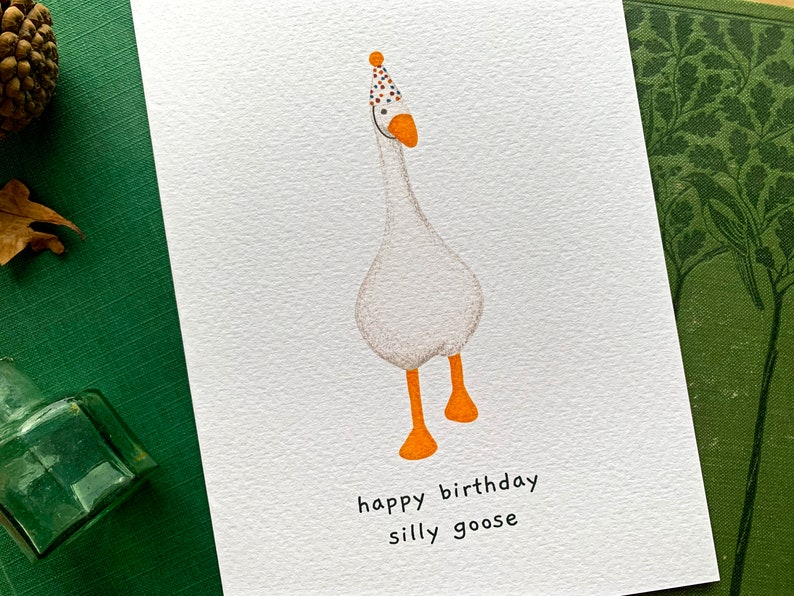 May include: A white goose wearing a colorful party hat with the text "happy birthday silly goose" on a white card.