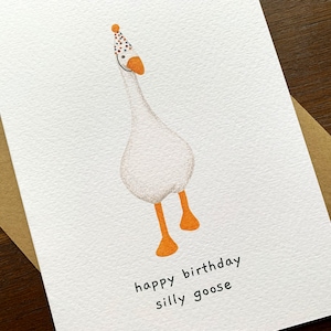 May include: A white goose wearing a colorful party hat with the text "happy birthday silly goose" on a white card.