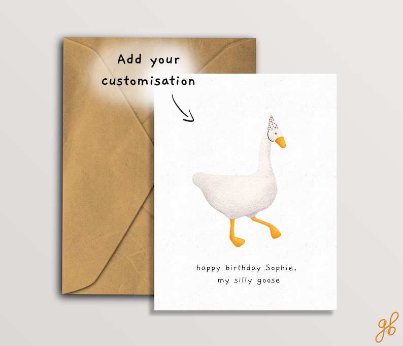 K&ouml;nnte beinhalten: Eine wei&szlig;e Gans mit einer Partym&uuml;tze und einer Brille mit dem Text "Happy Birthday Sophie, meine s&uuml;&szlig;e Gans".