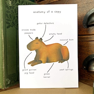 Lustige Capybara-Grußkarte, lustige Tieranatomie-Karten innen leer, niedliche schlafende Capybara-Liebhaber-Geburtstagskarte, Nagetier-Meme-Karte