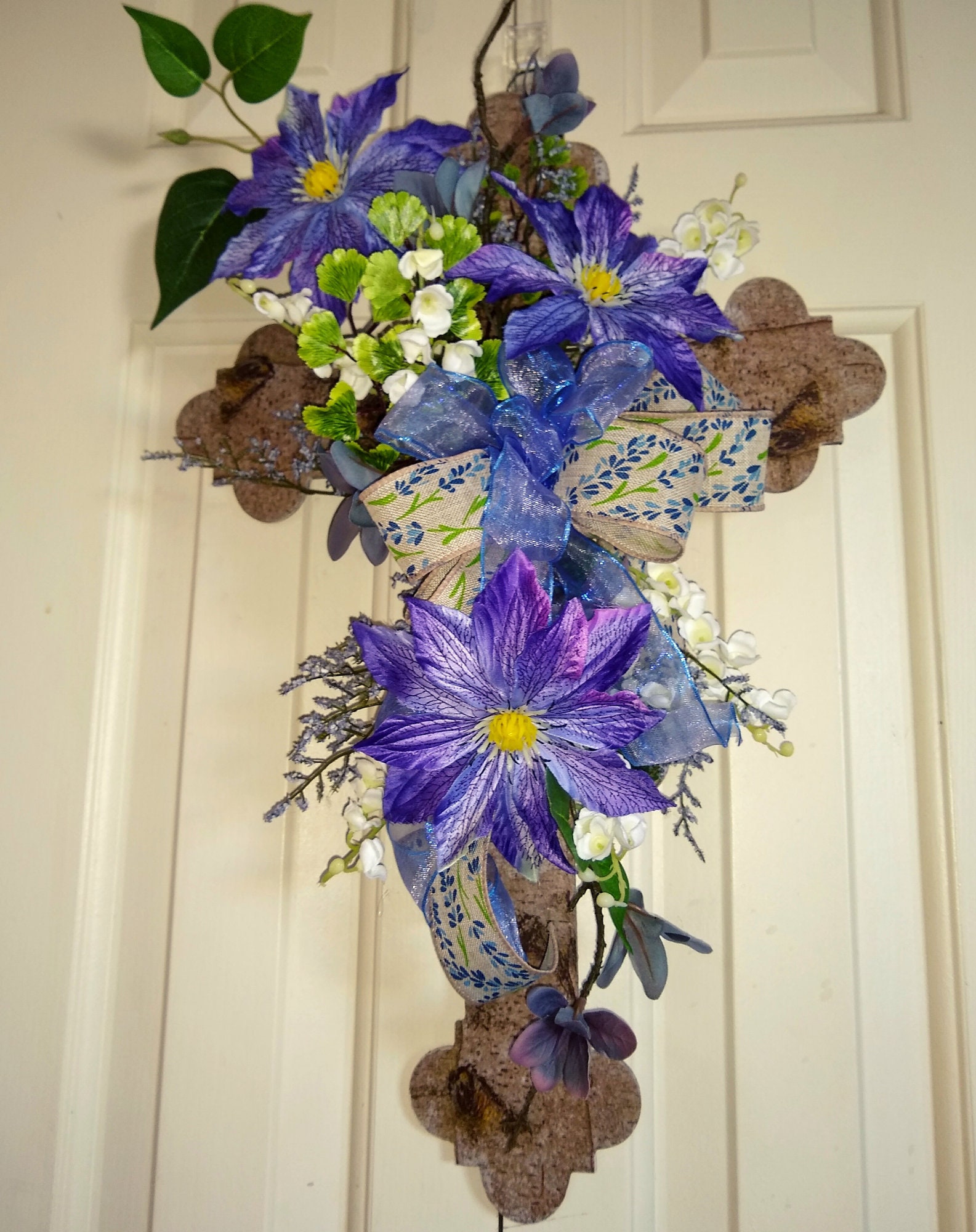 Floral Blue Purple Cross Decor. Cross Wall Hanger Blue. Cross in Birch for Door. Spring Floral