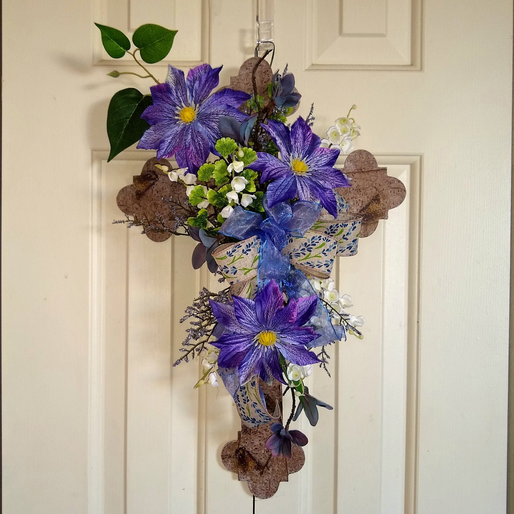 Floral Blue Purple Cross Decor. Cross Wall Hanger Blue. Cross in Birch for Door. Spring Floral
