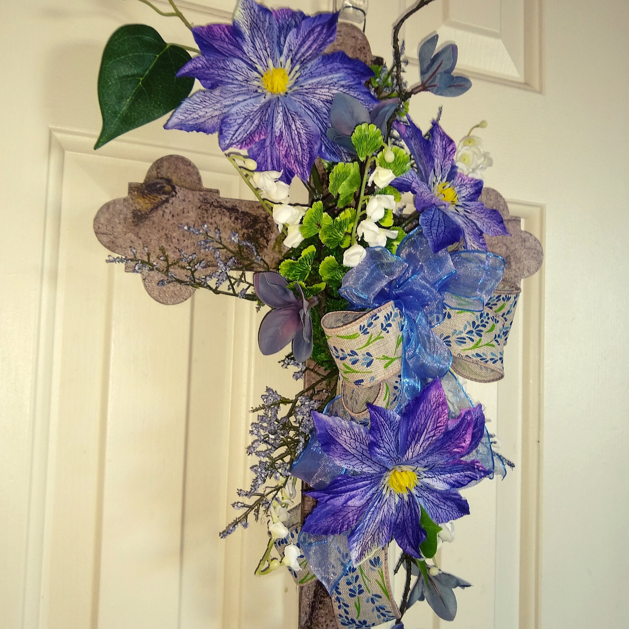 Floral Blue Purple Cross Decor. Cross Wall Hanger Blue. Cross in Birch for Door. Spring Floral