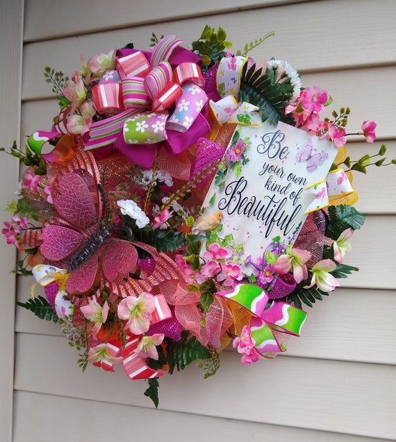 Sunny Flower Garden Wreath Bright Spring Summer Wreath Easter Mothers Day Gift Be Your Own Kind of Beautiful Wreath Butterfly Front Door