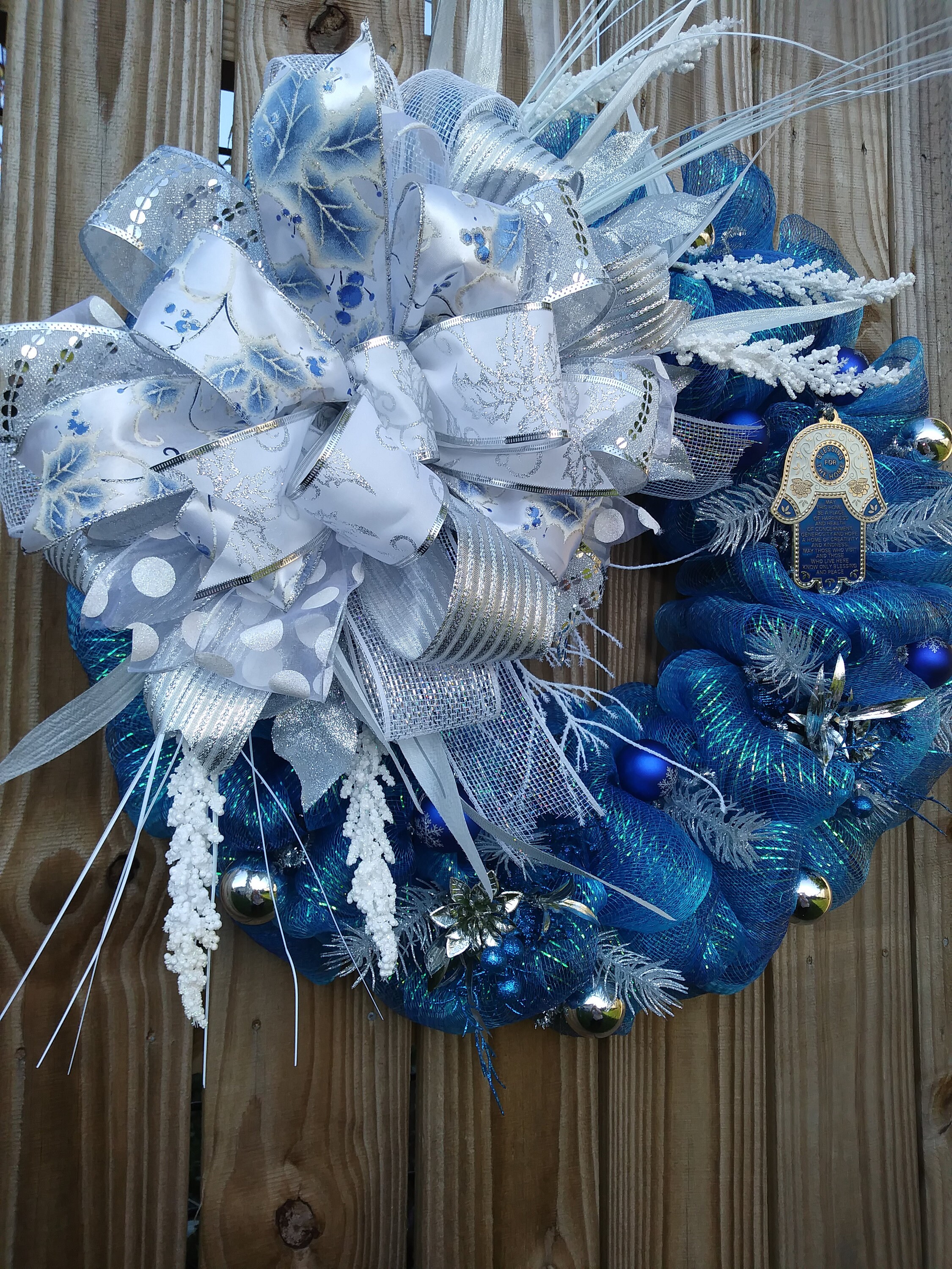 Hanukkah Blue White and Silver Wreath. Hamsa Home Blessing. | Etsy