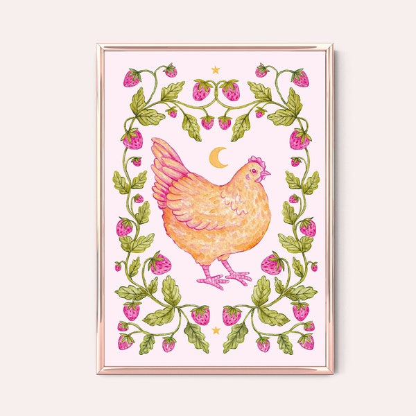 Chicken & Strawberry Art Print | watercolour nature hen chickens cute pink illustration