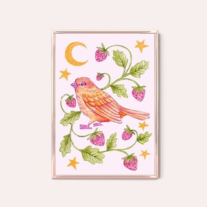 Sparrow & Strawberry Art Print | watercolour nature bird cute pink illustration