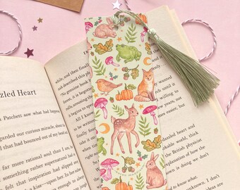 Woodland Bookmark | cute animal bunny deer frog fox nature patterned bookmark with pink green tassel