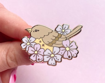 Wren & Blossom Hard Enamel Pin | cute nature floral illustrated gift