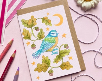 Bluetit & Oak | Blank A6 Greeting Card | watercolour illustrated botanical art card