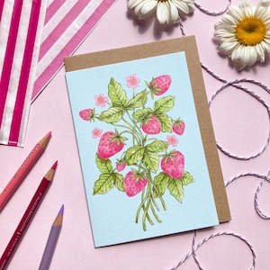 Strawberries | Blank A6 Greeting Card | watercolour illustrated botanical art card