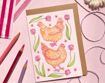 Chickens & Tulips | Blank A6 Greeting Card | watercolour illustrated botanical art card
