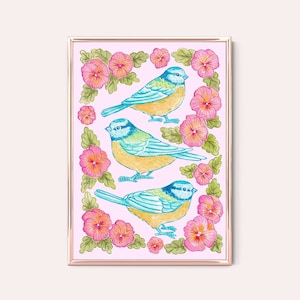 Bluetits & Viola Art Print | watercolour nature bird floral botanical cute pink illustration
