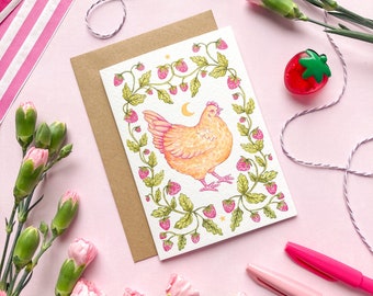 Chicken & Strawberries | Blank A6 Greeting Card | watercolour illustrated botanical art card
