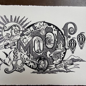 To the Moon and Back - Blocco linoleum linocut in edizione limitata stampato a mano su carta Hahnemühle