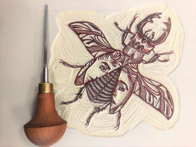 L Limited Linoleum Edition Linocut Block Handprinted on Hahnem\u00fchle Paper Cervus