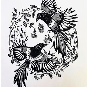Lovebirds - Limited Linoleum Edition Linocut Block Handprinted on Hahnemühle Paper