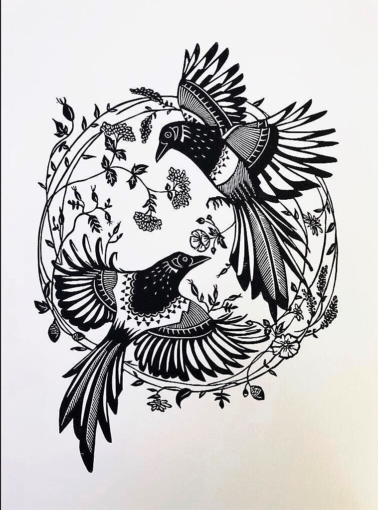 Lovebirds - Edição limitada de linóleo Bloco de linóleo impresso à mão em papel Hahnemühle