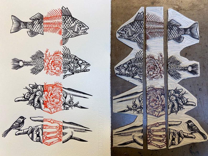 Bodies Like Oceans 3\u2013 Hand Carved Linoleum Block Print