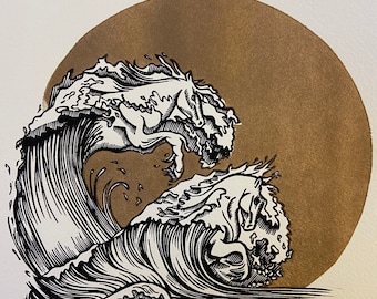 Cavalos de Poseidon - Edição limitada em linóleo Bloco de linóleo impresso à mão em papel Hahnemühle