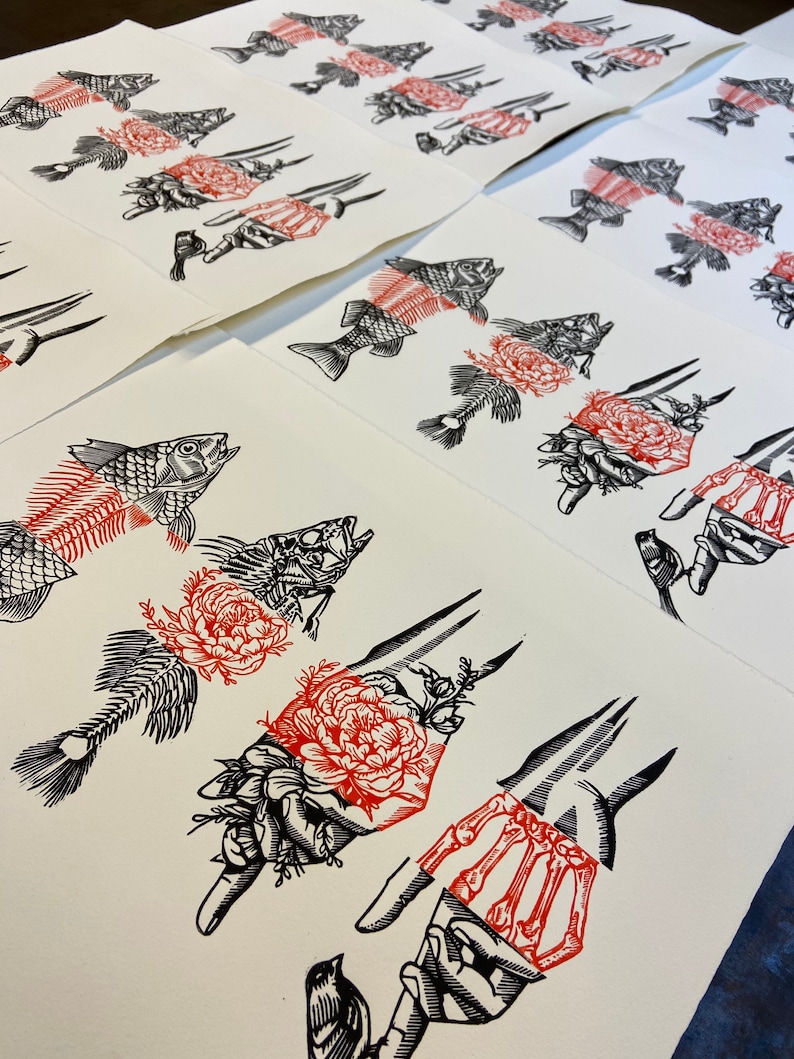 Bodies Like Oceans 3\u2013 Hand Carved Linoleum Block Print