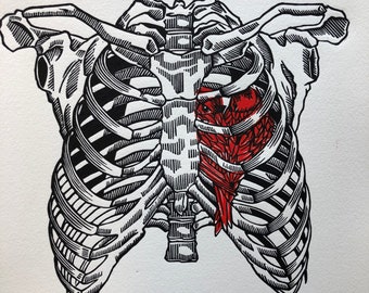Heartbeats - Edição limitada de linóleo Bloco de linóleo impresso à mão em papel Hahnemühle