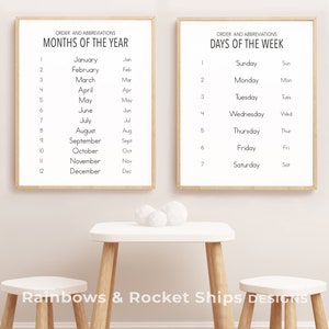 Maanden en dagen grafiekset, afdrukbare kunst, poster digitale DOWNLOAD, jpg, pdf