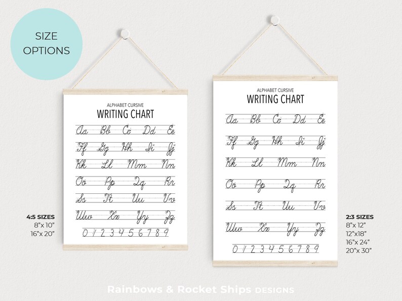 alphabet cursive and print letters writing chart set etsy