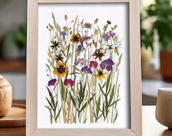 Pressed flower wall art, Dried flower art, Handmade home decor, Flower gifts for her, Meadow in frame, Real flowers oshibana decor