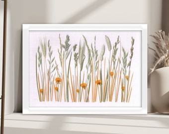 Dried grass artwork, Boho wall art, Handmade home decor made of real pressed and dried plants and flowers, Summer wall art