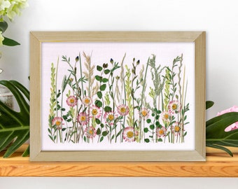 Pink daisies with meadow grasses and foliage, Real plants in the frame, 12/8" wall decor with pressed flowers, Shelf sitter for bedroom