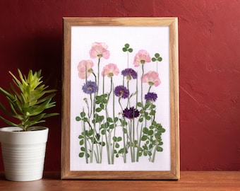 Pink flowers for her, Floral decor, Gift for her, Unique and handmade flower arrangement, Pressed flower frame, Oshibana art