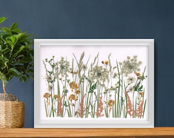 Housewarming home gift, Pressed flowers arrangement, Preserved flowers collage, Meadow in frame, Oshibana wall art, Floral decor, Fall decor