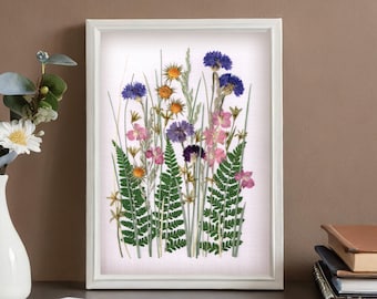 Blue cornflowers, Pink columbines, Real flowers and plants in outstanding boho wall art, Pressed flower frame, Japandi wall decor