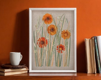 Pressed orange marigolds in the frame, Unique and handmade floral decor, Pressed flowers and dried plants, Oshibana art