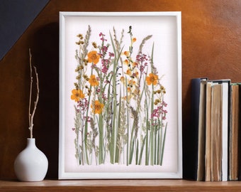 Botanical wall art made of real pressed flowers and dried plants, Japandi decor, Oshibana art, Pressed flower frame, Real flower art