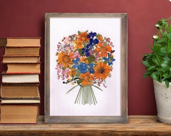 Marigolds, Delphinium, Columbines and more, Pressed flower bouquet made or real flowers and plants, Unique art, Flowers for her